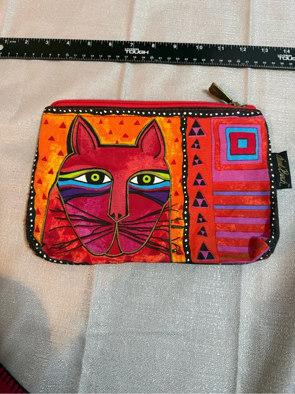 Laurel Burch Red and Orange Cat Art Cosmetic Pouch with Multicolor Accents
